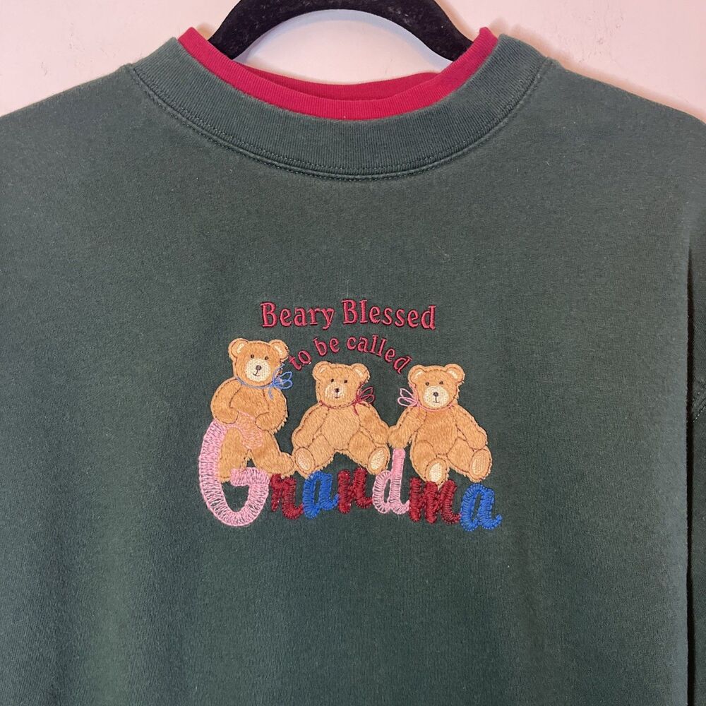 Beary Blessed to Be Called Grandma Embroidered Bears Sweatshirt Sz M Green Women
